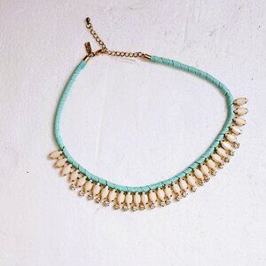 Blue Weave Ribbon Collar Necklace Ivory Beads & Rhinestones Vivi Love Statement